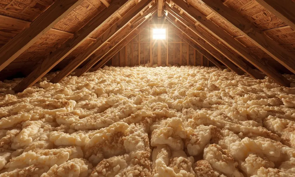 Attic filled with spray foam insulation under roof rafters to improve thermal resistance and reduce heat loss