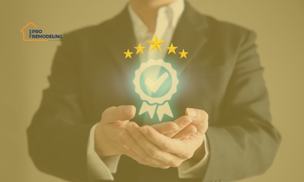 A professional in a suit holding their hands out to display a glowing quality seal with a checkmark and five stars, representing workmanship guarantees and warranties.