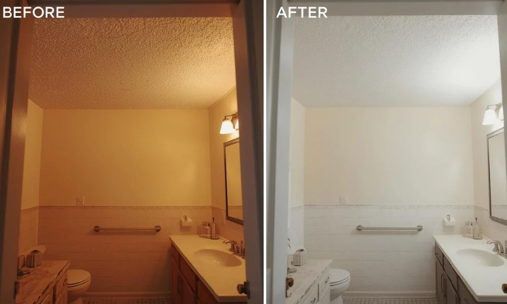 Comparison of a bathroom renovation: before shows dim lighting and outdated decor, after features brighter lighting and a fresh, modern look.