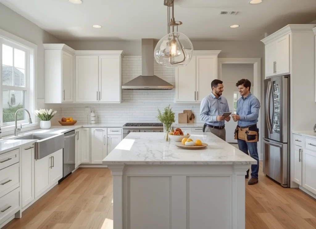 Professional kitchen remodeling consultation in a bright white kitchen with marble island, pendant lighting, and stainless steel appliances.