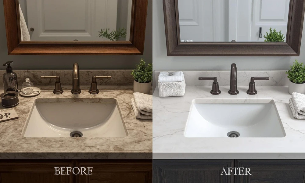 Before and after photo showcasing a bathroom sink transformation with a Quartz-Countertop-Upgrade.