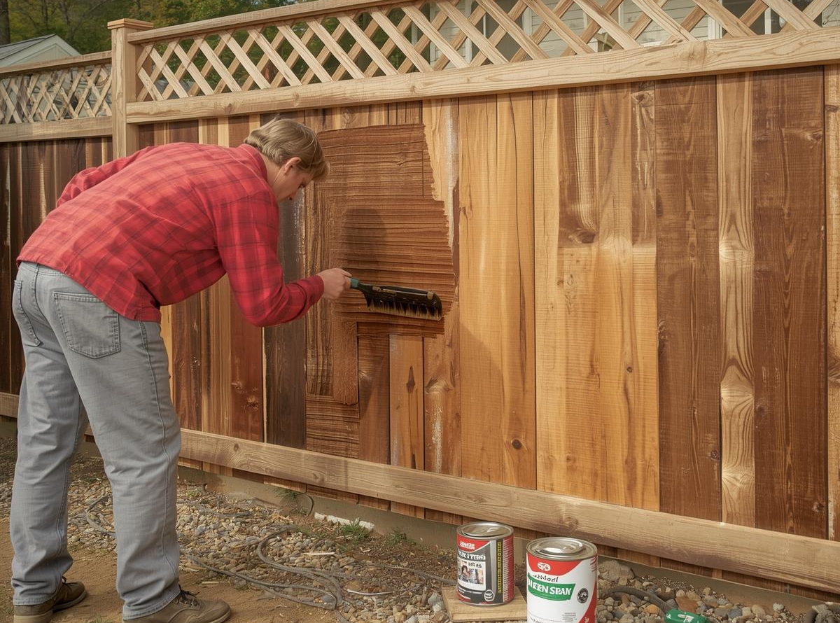 A person in a red plaid shirt and jeans is painting a wooden fence with a brush. Two paint cans are on the ground, showcasing a DIY project atmosphere.