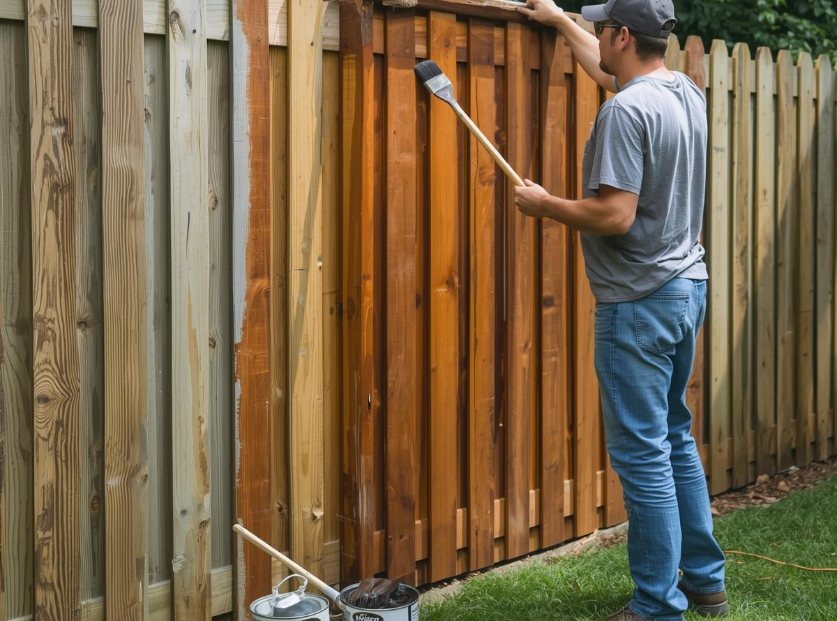A man in a gray shirt and jeans is painting a wooden fence with a brush. The freshly painted section is a rich brown, contrasting with the lighter unpainted wood.