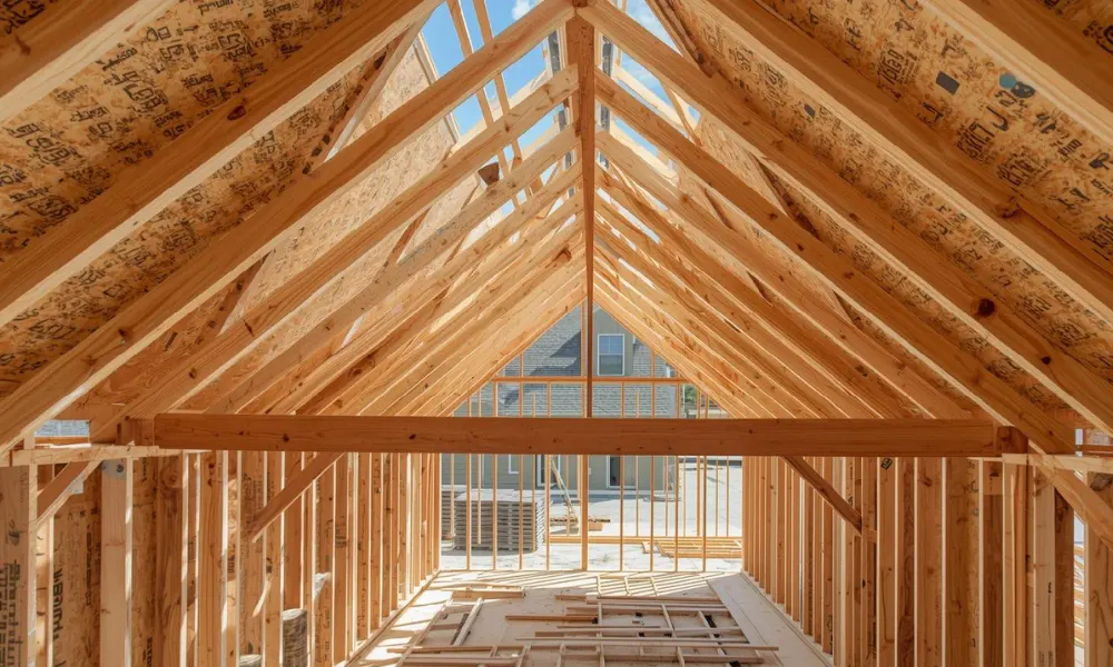 A home under construction featuring wooden framing, showcasing the Roof-Decking-and-Frames structure in progress.