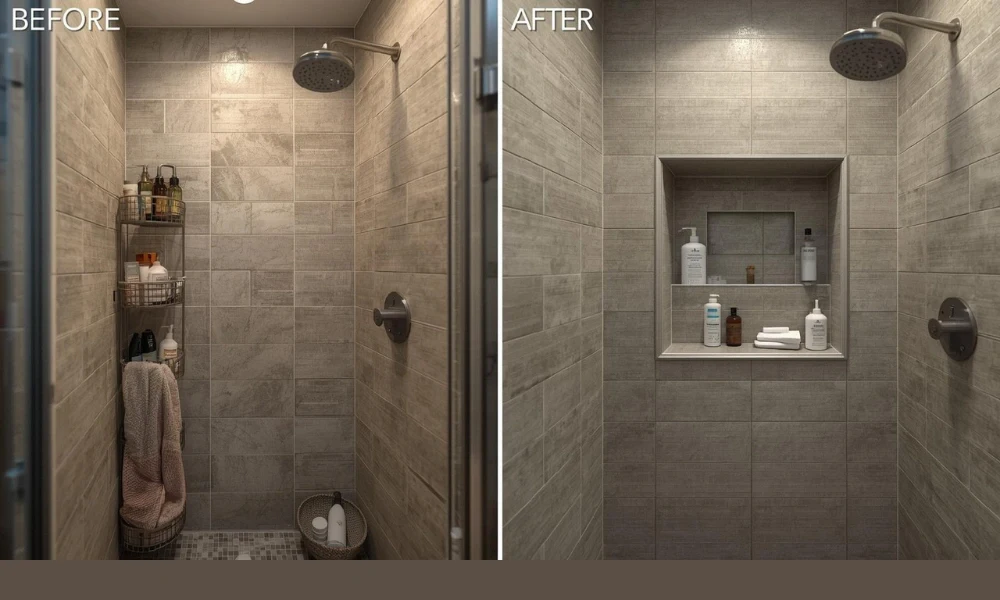 Side-by-side comparison of a bathroom highlighting the enhanced Shower-Niche-Storage in the shower area before and after renovation.