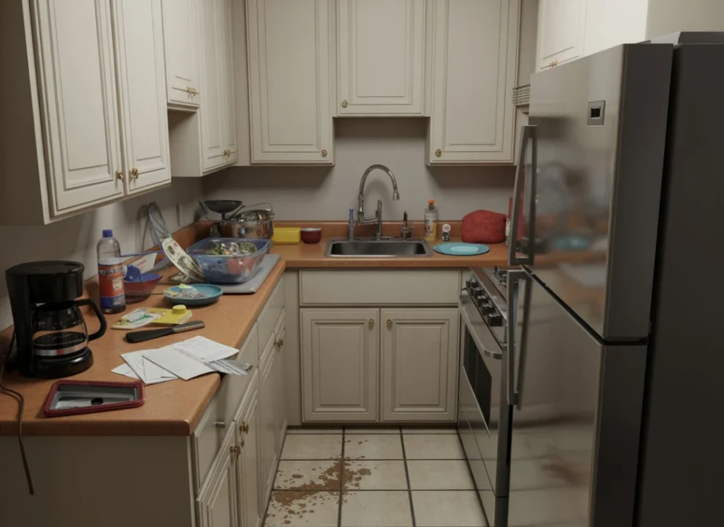 Outdated small kitchen before remodel with cramped layout, beige cabinets, laminate countertops, and visible clutter on counters.
