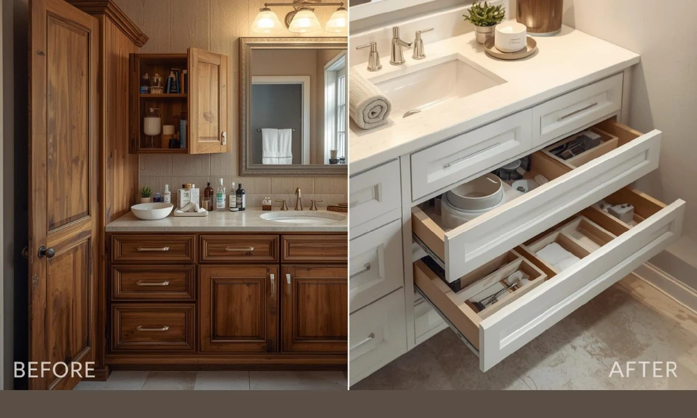 Transformation of a bathroom remodel featuring Soft-Close-Cabinetry-Quiet-Luxury, highlighting the stunning before and after.