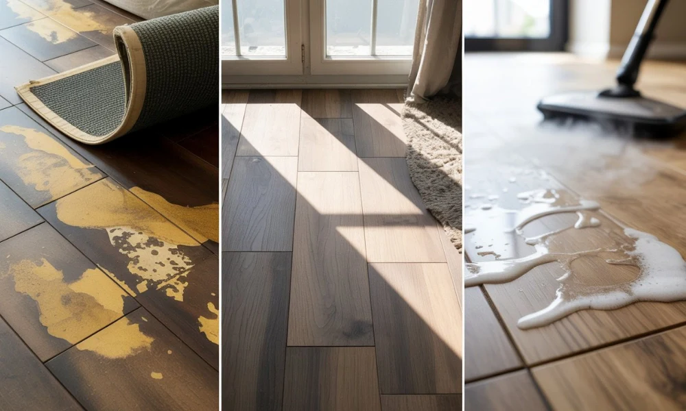Hardwood floor issues from stains, sun fading, and improper cleaning shown in a three-panel comparison.