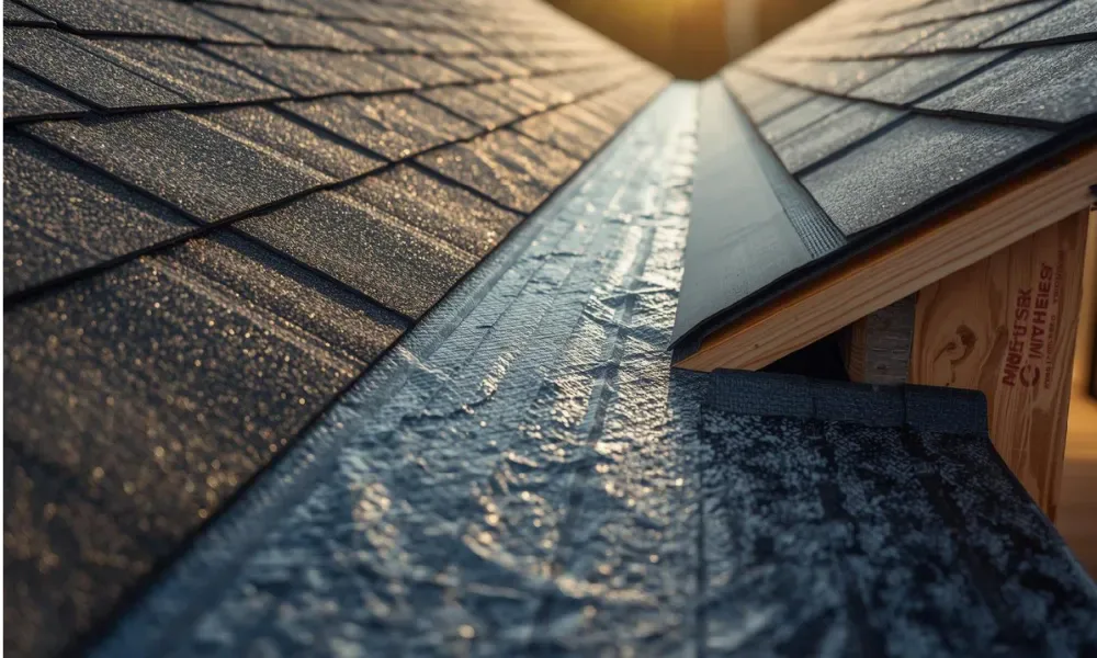 Close up of shingle roof with synthetic roofing underlayment along the ridge, improving building envelope and energy efficiency