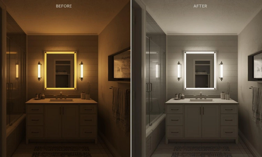 Elegant bathroom with a lighted mirror and vanity, designed with a Three-Layer-Lighting-Plan for optimal lighting.