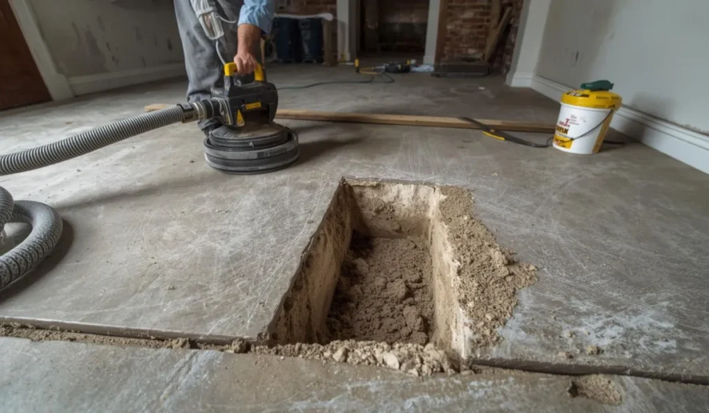 Contractor grinding a concrete subfloor near a cutout area to fix uneven floors and prep for new flooring in Dallas, TX