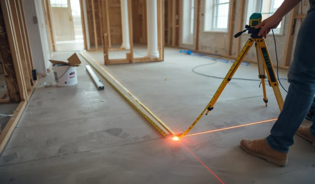 Contractor using a laser level to check concrete subfloor flatness and find low spots during a Dallas, TX home remodel