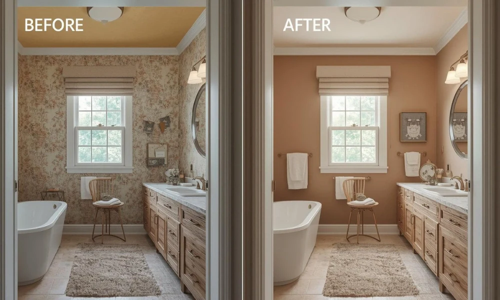 Transformation of a bathroom with Wallpaper-Removal-Clearing-the-Visual-Slate, highlighting the remodel's dramatic changes.