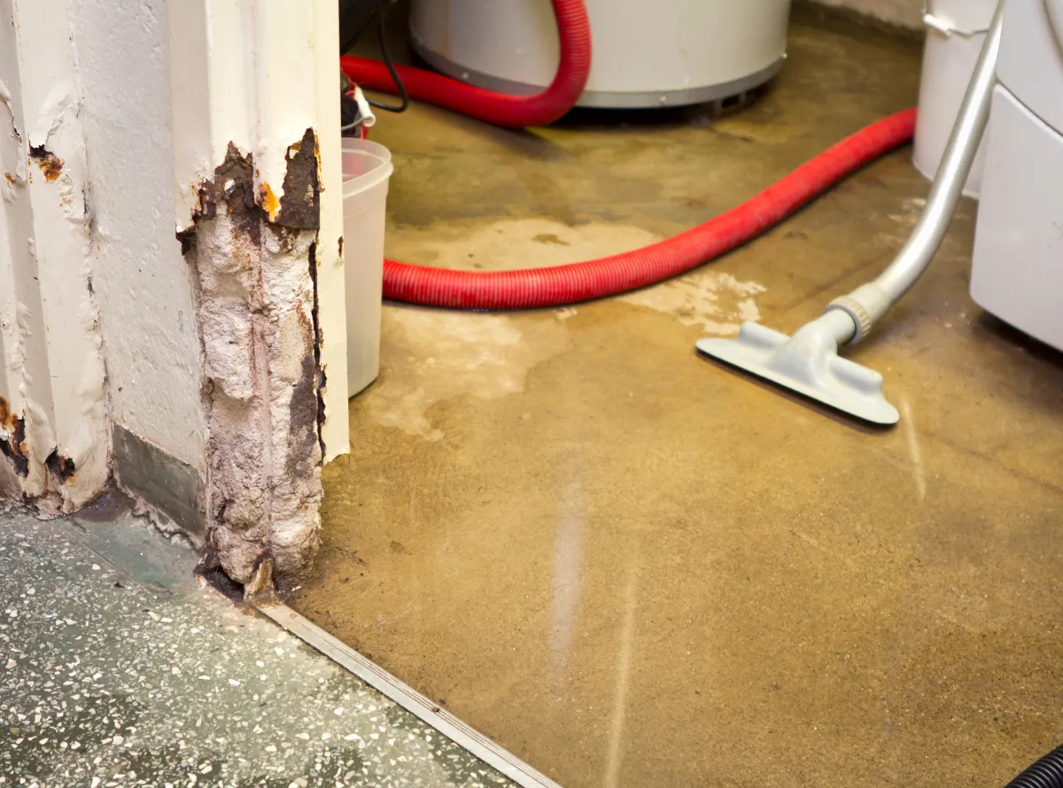 Damaged wall with peeling paint and visible mold, next to a wet concrete floor. A red hose and vacuum cleaner are visible, indicating water cleanup.