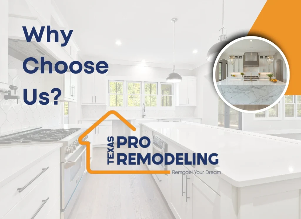 choose us kitchen remodeling graphic featuring bright white kitchen background and Texas Pro Remodeling branding.