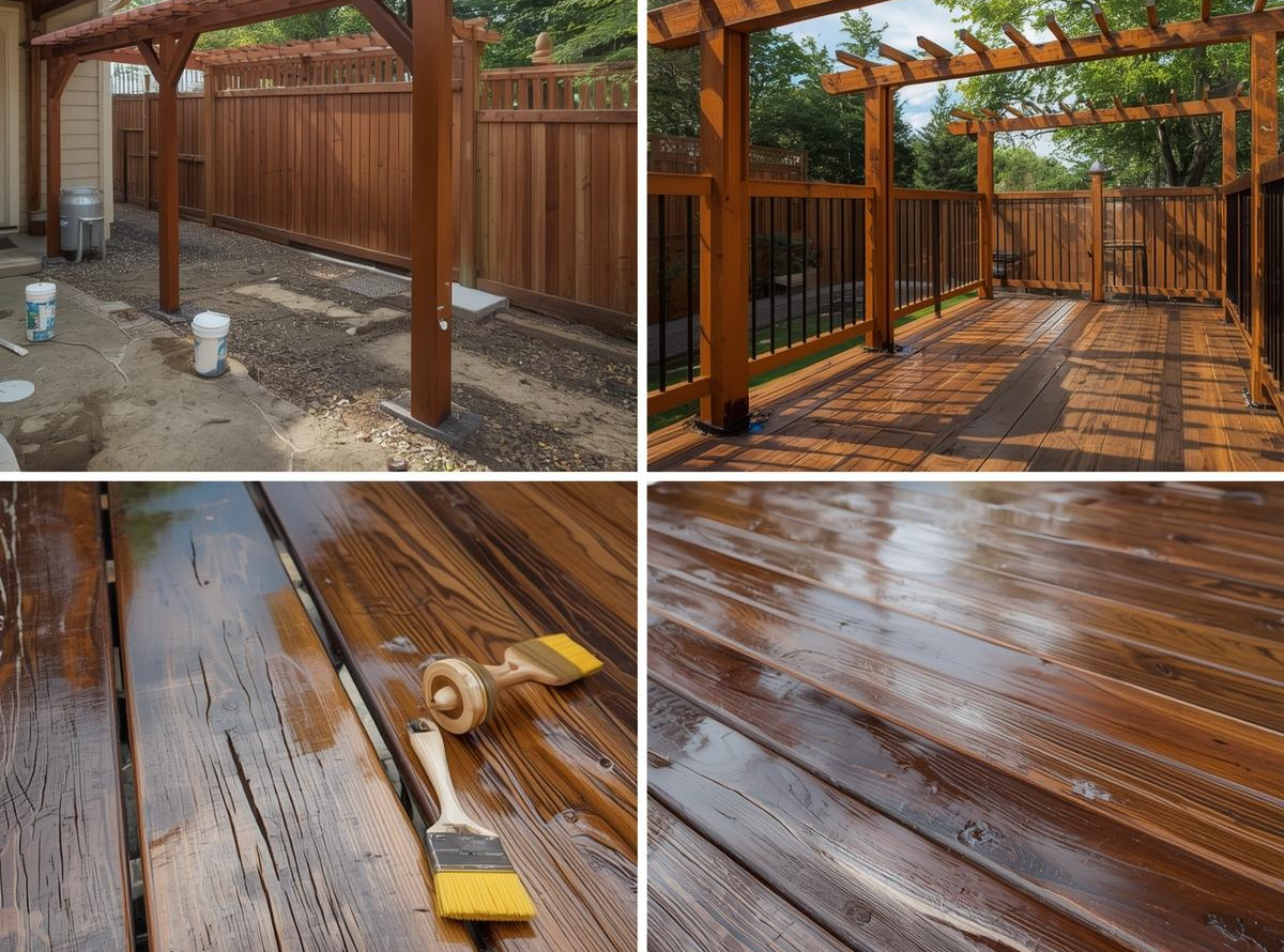 A four-panel collage showing the wood staining process: a long outdoor fence, a finished deck with a pergola, and close-ups of wet stain being applied to wood planks with brushes.