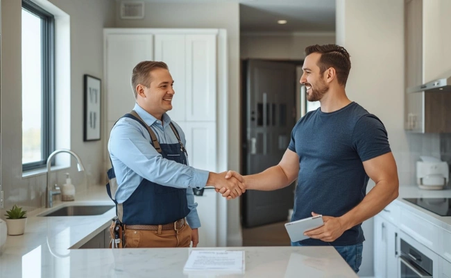 Home remodeling contractor shaking hands with homeowner in renovated kitchen, final walkthrough and project approval