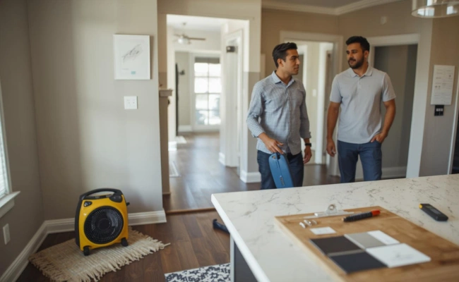 Texas Pro Remodeling consultation in Grapevine TX with contractor and homeowner reviewing plans in a remodeled kitchen
