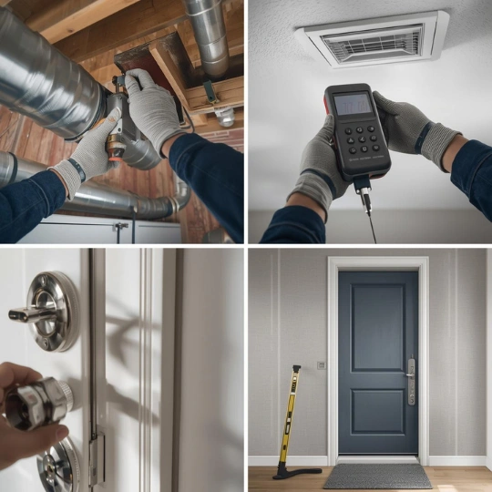 Total comfort and security upgrades including HVAC ductwork service, airflow testing, door lock repair, and new entry door installation