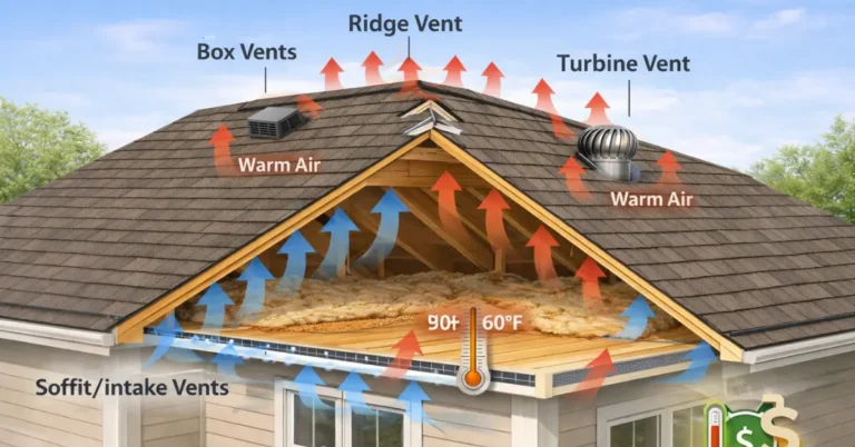Attic ventilation system showing airflow through soffit and ridge vents for energy efficiency and home comfort.