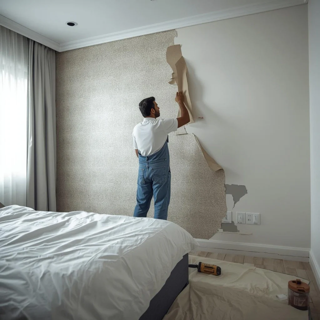 Bedroom wallpaper removal in progress with contractor peeling textured wallpaper, drop cloth and tools on floor