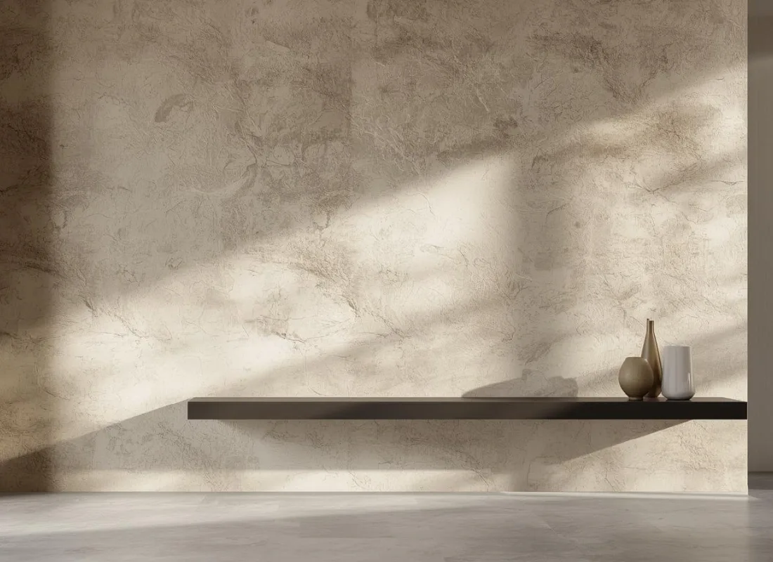 Benefits of custom wall texture with elegant Venetian plaster style finish and minimalist floating shelf decor.