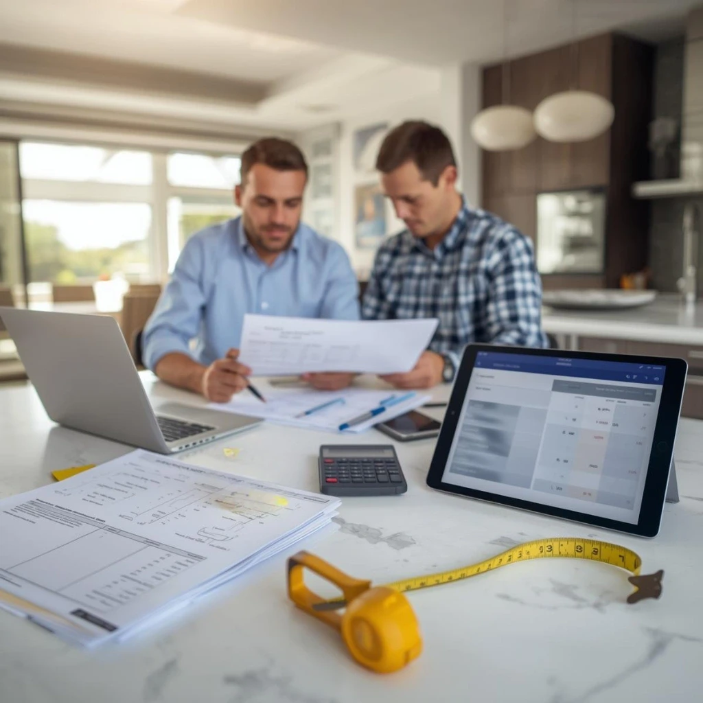 Homeowners reviewing room addition budget and plans with laptop, calculator, and measuring tape on table
