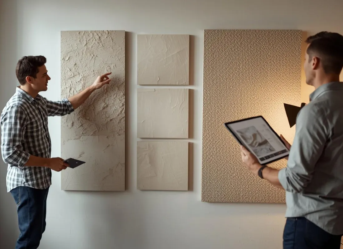 Choosing the right wall texture with homeowners comparing plaster and orange-peel samples during an interior design consultation.