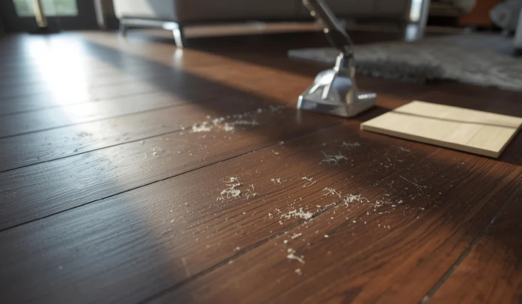 Cleaning issues on dark wood floors showing visible dust and debris near a vacuum head in a living room.