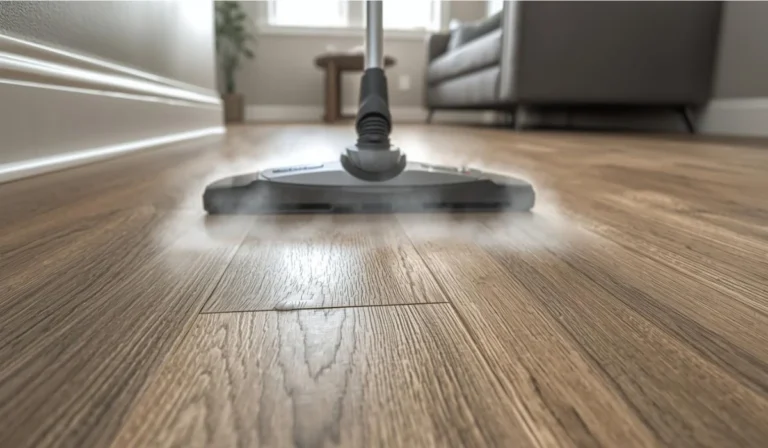 Steam mop cleaning vinyl plank flooring in living room, showing moisture and heat that can damage LVP floors