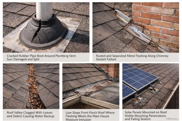 Common roof leak causes in DFW including cracked pipe boots, flashing failures, clogged roof valleys, porch roof leaks, and solar panel penetrations