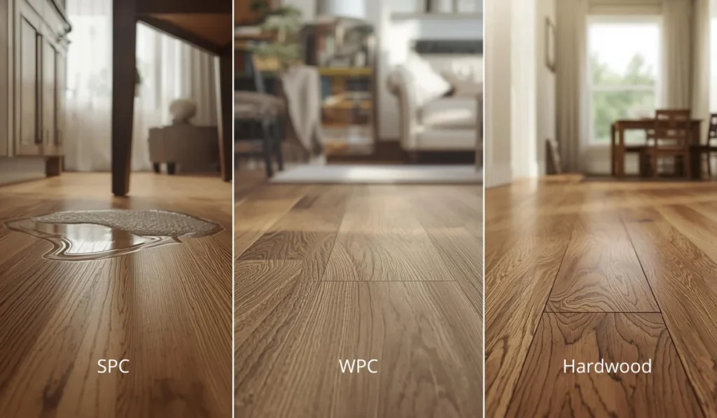 Comparing flooring materials SPC vs WPC vs hardwood with side-by-side wood plank surfaces in a home.