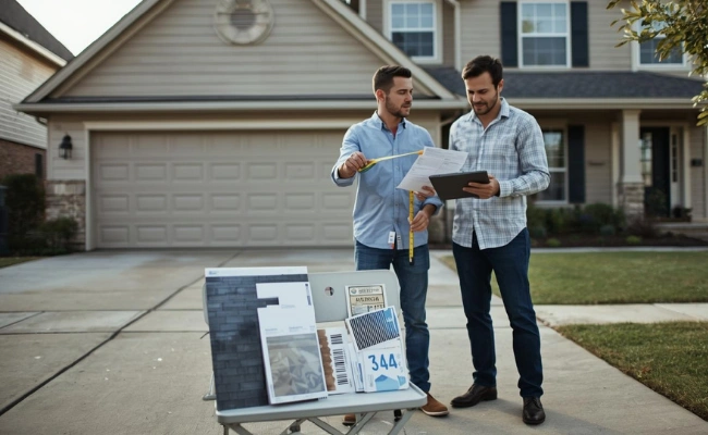 Homeowners reviewing an exterior remodeling cost estimate with contractor in driveway using measuring tape and clipboard