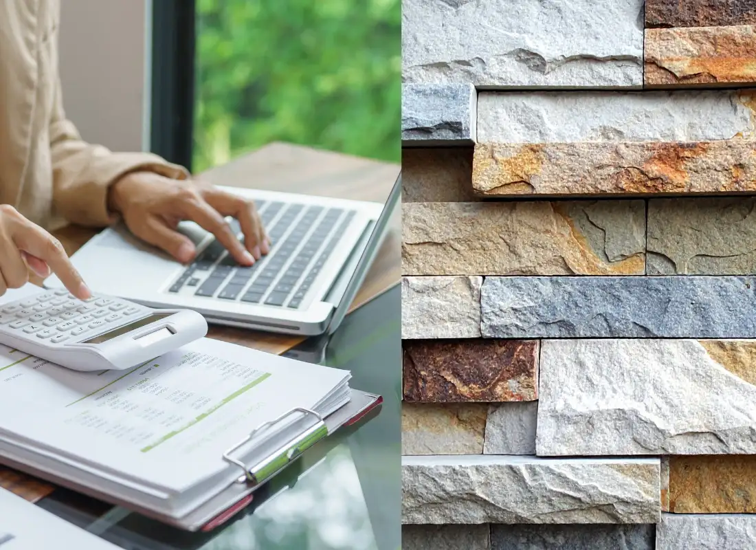 Cost to texture walls concept image showing budgeting with calculator and laptop beside stacked stone wall texture.