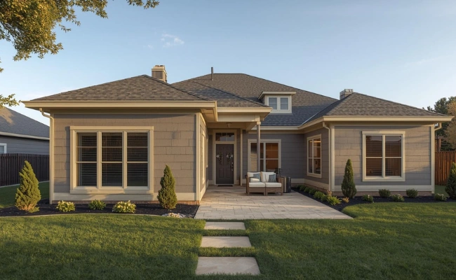 Rear exterior of a single-story home with a new patio expansion, fresh landscaping, and outdoor seating area