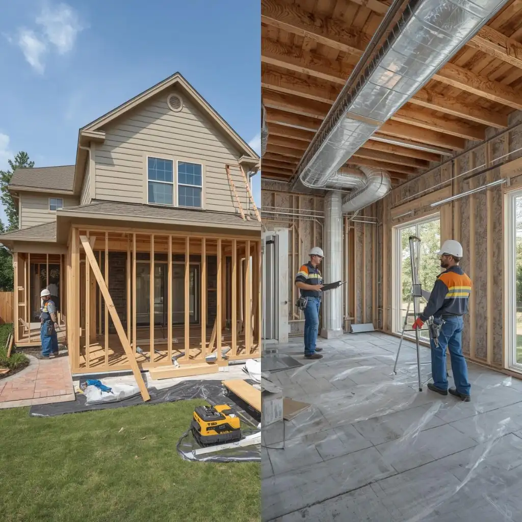 Room addition construction process showing exterior framing and interior HVAC ductwork installation with contractors on site