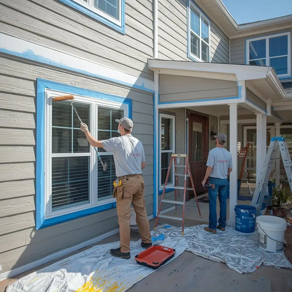 Exterior house painting with taped trim and window masking during remodel