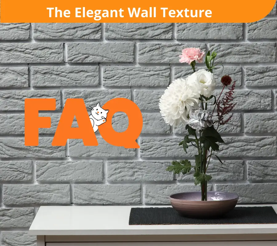 FAQ about custom wall texture graphic featuring elegant gray brick wall background and floral decor on console table.