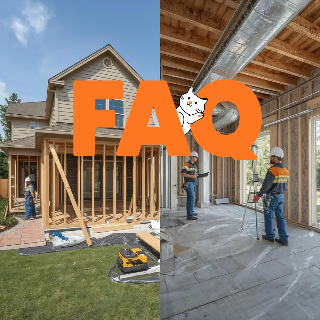 Room addition FAQ graphic showing exterior framing and interior HVAC rough-in during home expansion construction