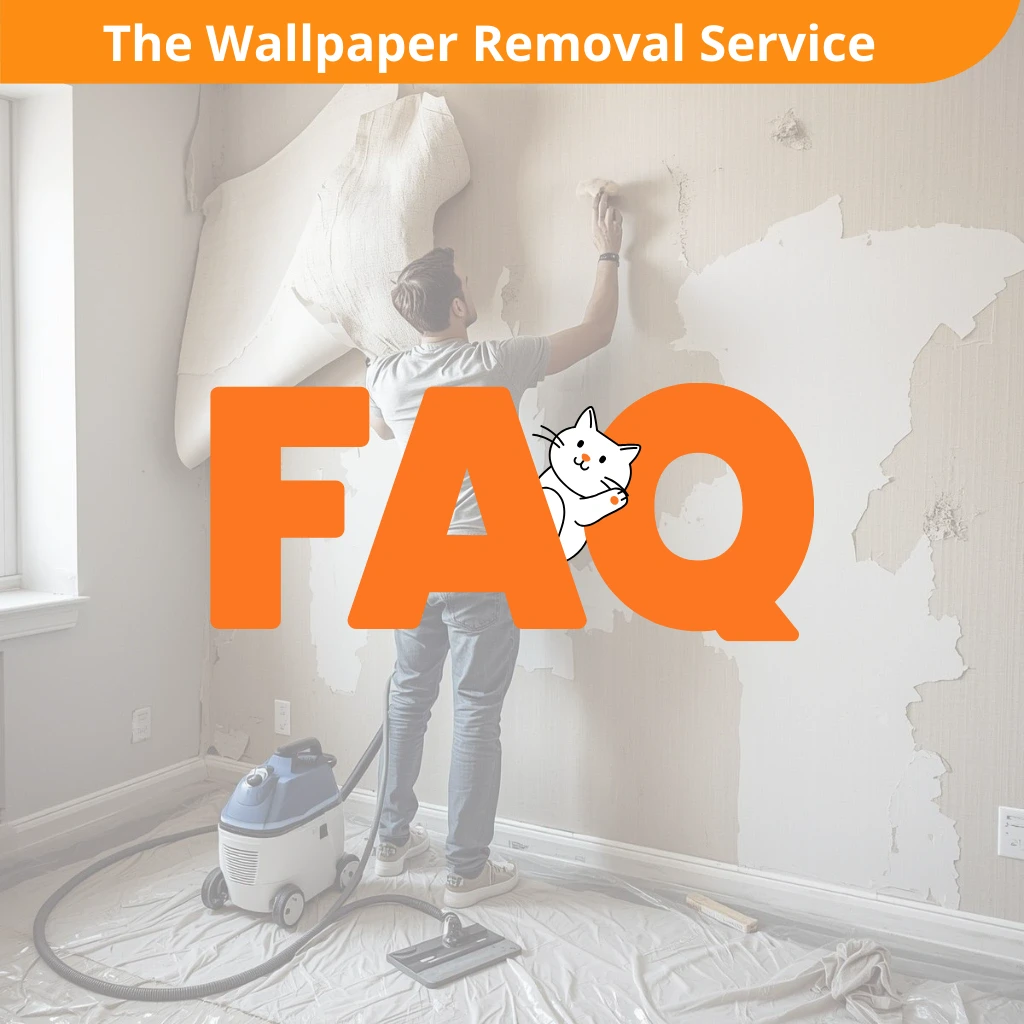 Wallpaper removal service FAQ graphic with worker scraping wall and peeled wallpaper sheets