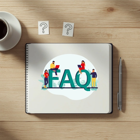 FAQ notebook graphic with question icons for home remodeling and restoration FAQ section