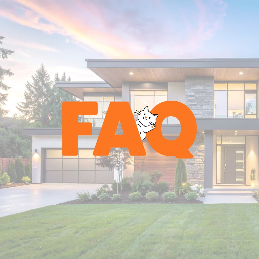 Exterior remodeling FAQ banner with modern home exterior background and large FAQ text