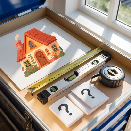 FAQ remodeling tools and measurement kit with question cards and house icon on a workbench