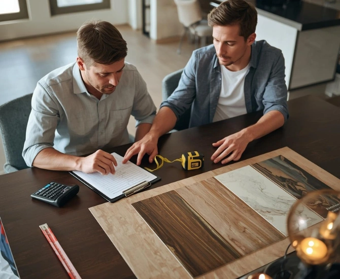 Faux finishing cost and budgeting consultation with two contractors reviewing finish samples and measurements at a home.