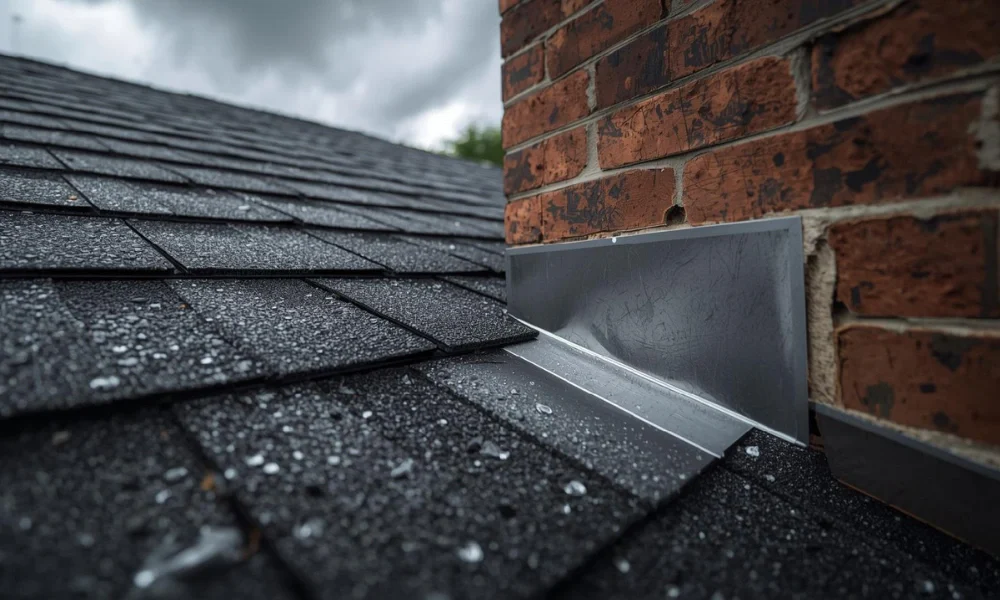 Close-up of a roof featuring a metal gutter, highlighting how flashing-acts-on-roof prevents water damage.