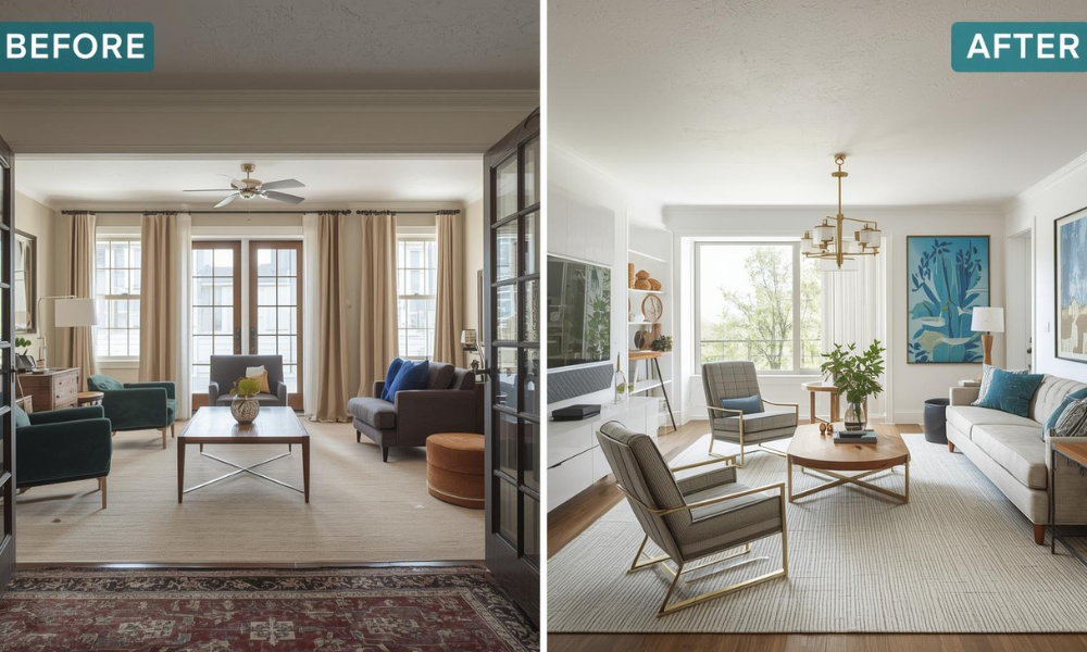 Before-and-after split image of a living room remodel showing updated furniture layout, lighting, wall art, and a brighter, more modern design.