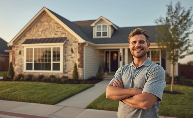 Happy homeowner standing outside completed room addition project, smiling in front of updated suburban house