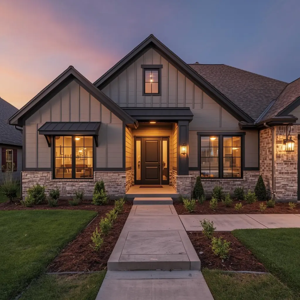 High-end exterior remodel ideas with modern craftsman home facade, new siding, stone veneer, and landscape lighting at dusk