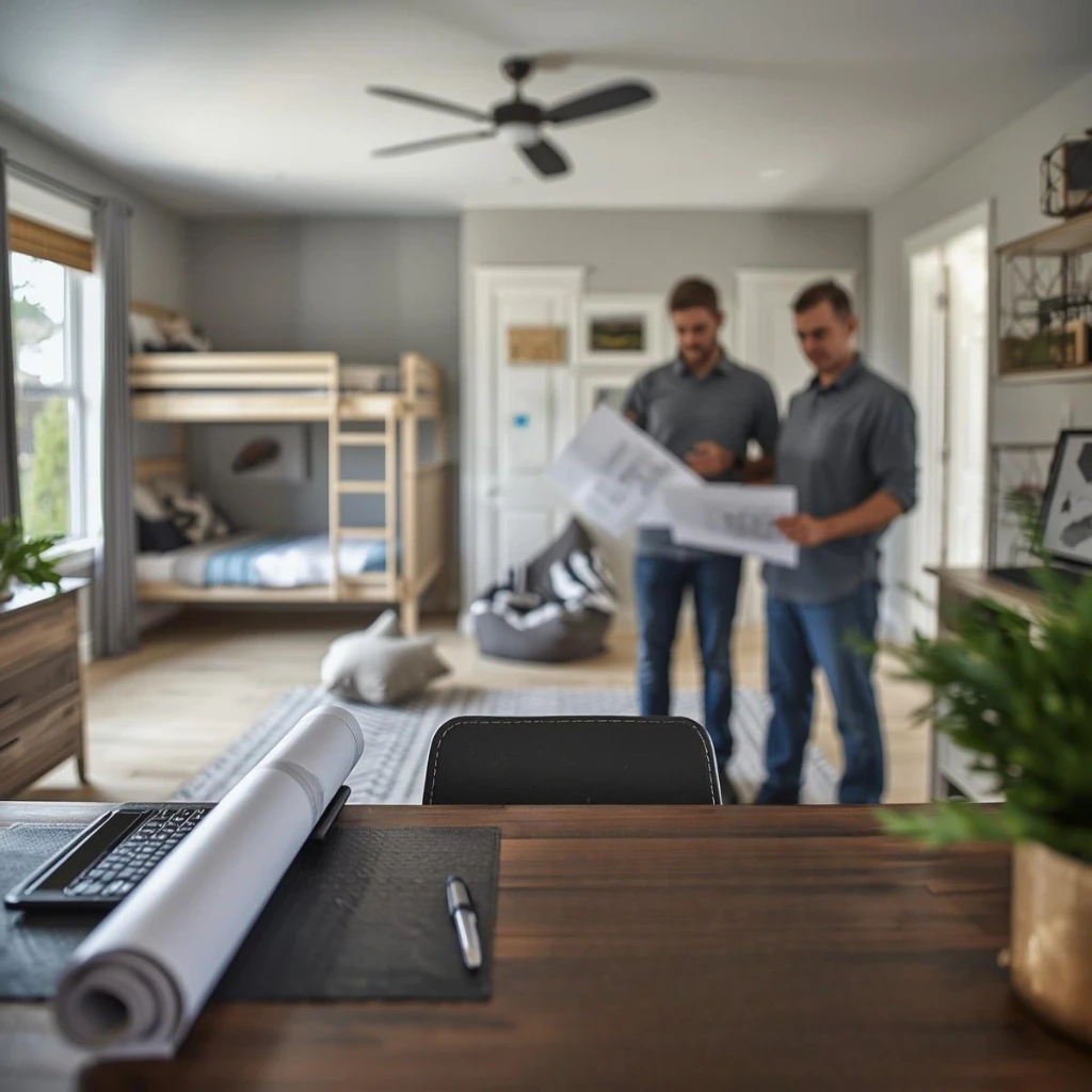 Contractors reviewing blueprints inside finished room addition, planning timeline for home expansion project