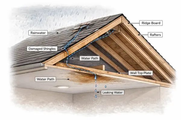 Diagram showing how roof leaks travel along rafters before appearing as ceiling stains